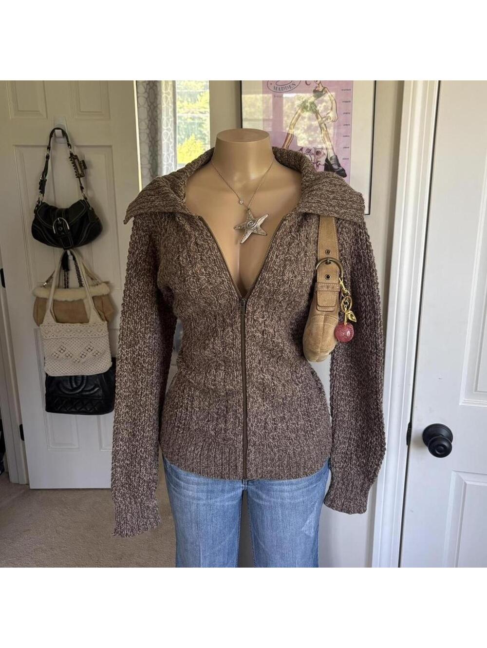 y2k 2000s brown knit zip up cardigan cozy fitted sweater